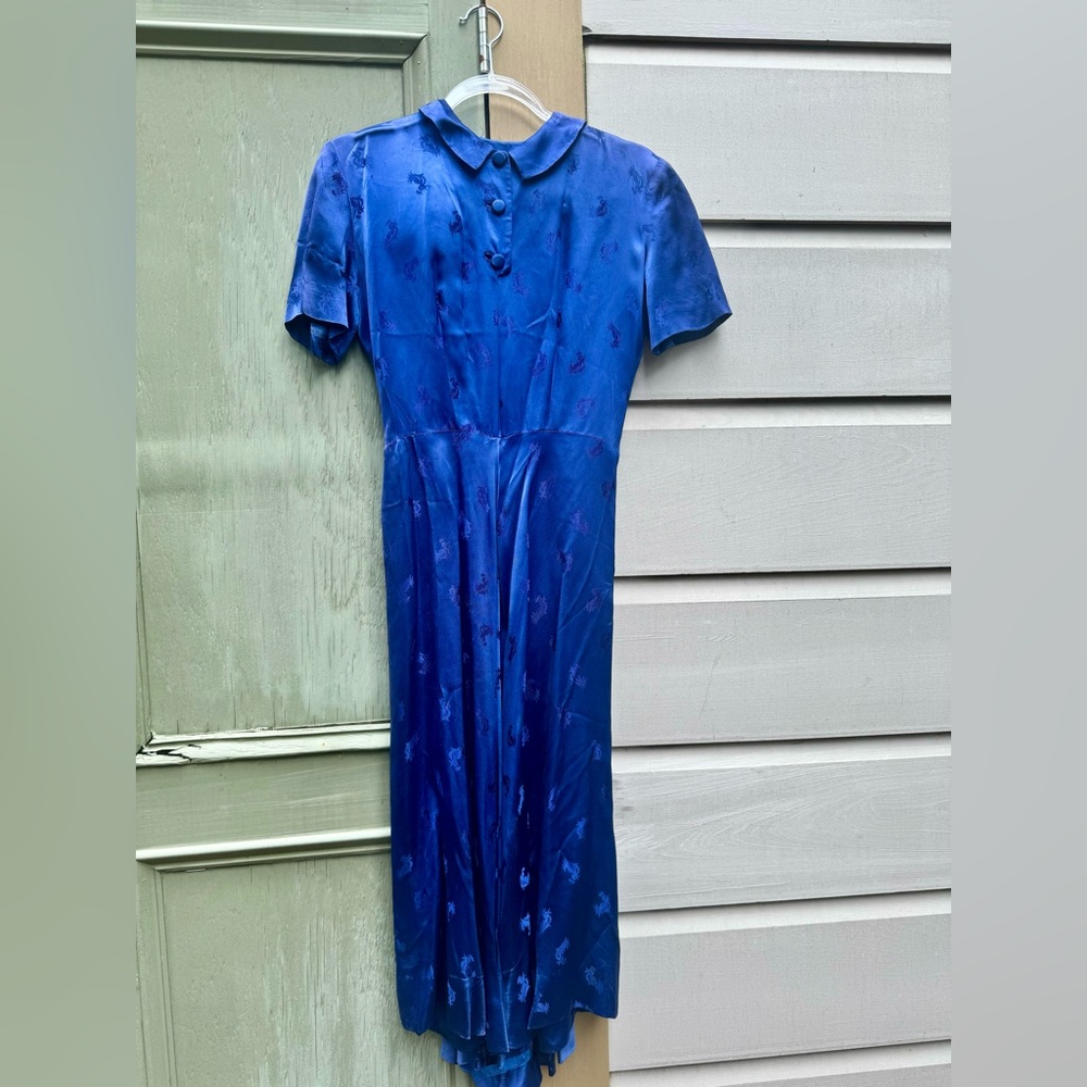 1930s hand made satin midi dress with Peter Pan collar.
